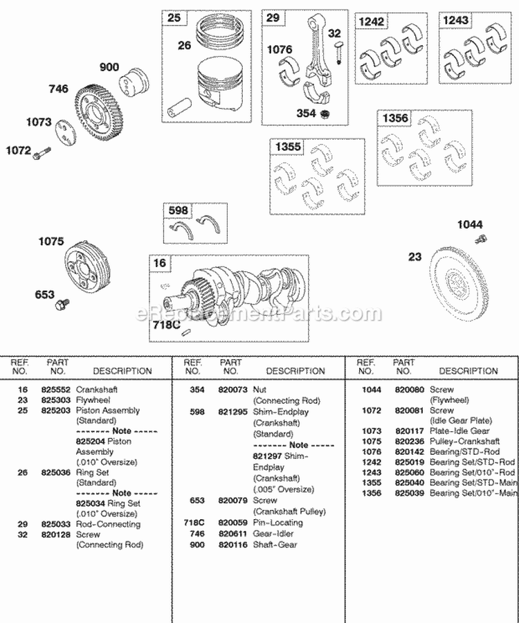 Crankshaft Piston Rings Flywheel Diagram and Parts List for 581447-0375-E2  Briggs and Stratton Engine